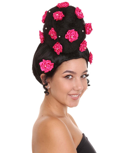 Womens Pinned Up Bun Artist Wig - Long Black Hair with Pink Flowers - Capless Cap Design