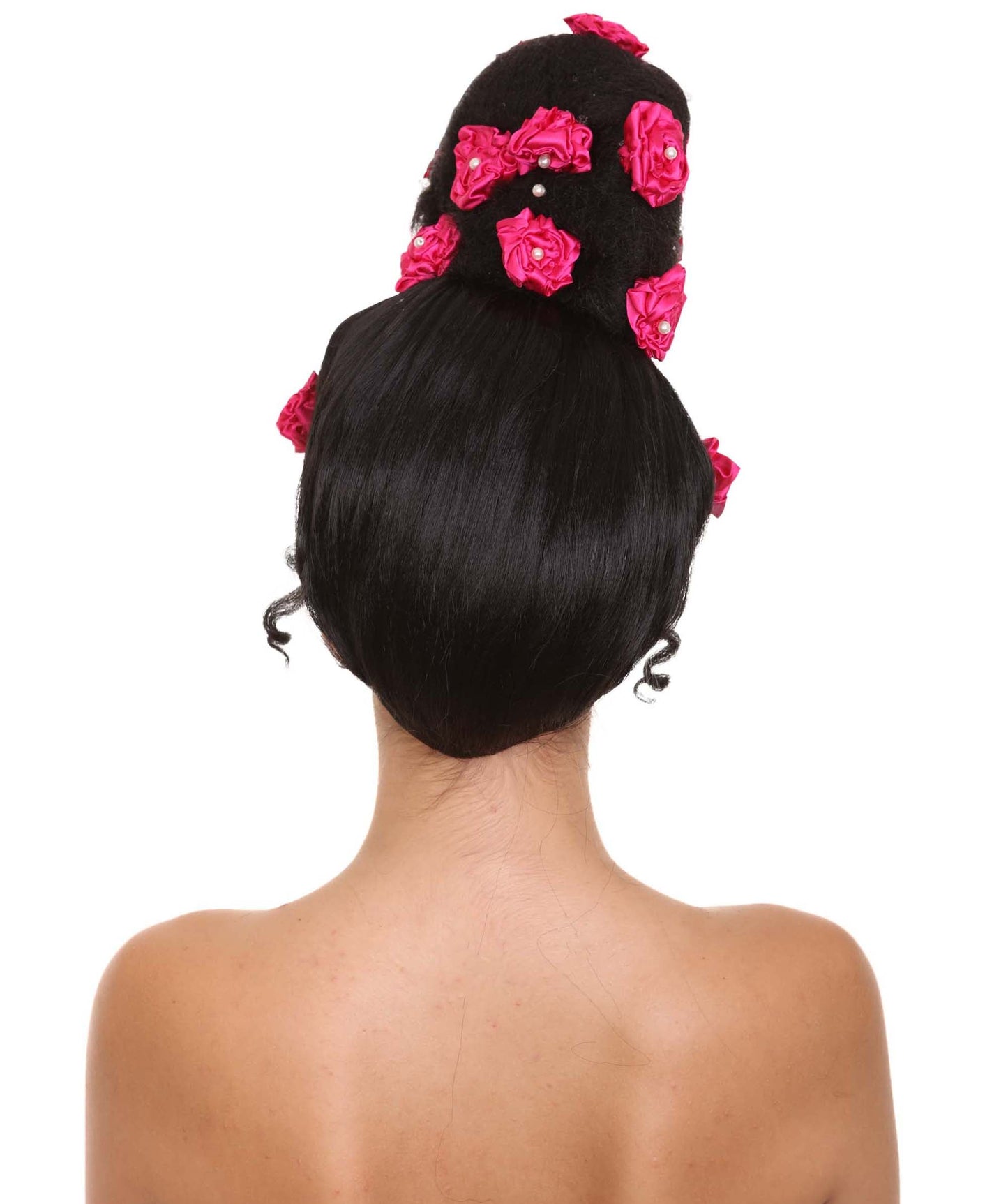 Womens Pinned Up Bun Artist Wig - Long Black Hair with Pink Flowers - Capless Cap Design