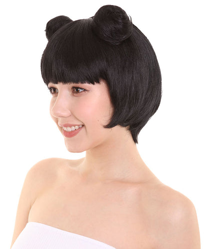 Womens Singer Two Buns Wig , Black Celebrity Wigs , Premium Breathable Capless Cap