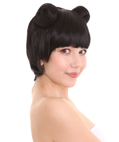 Womens Singer Two Buns Wig , Black Celebrity Wigs , Premium Breathable Capless Cap