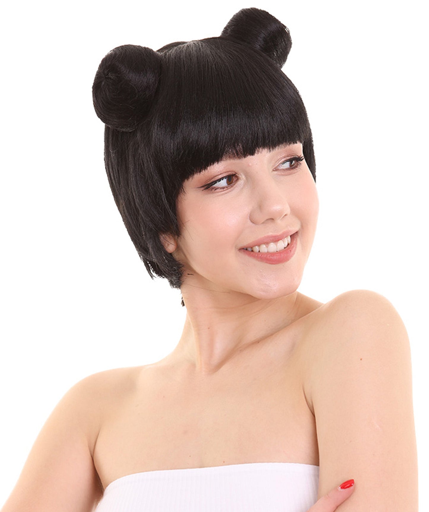 Womens Singer Two Buns Wig , Black Celebrity Wigs , Premium Breathable Capless Cap