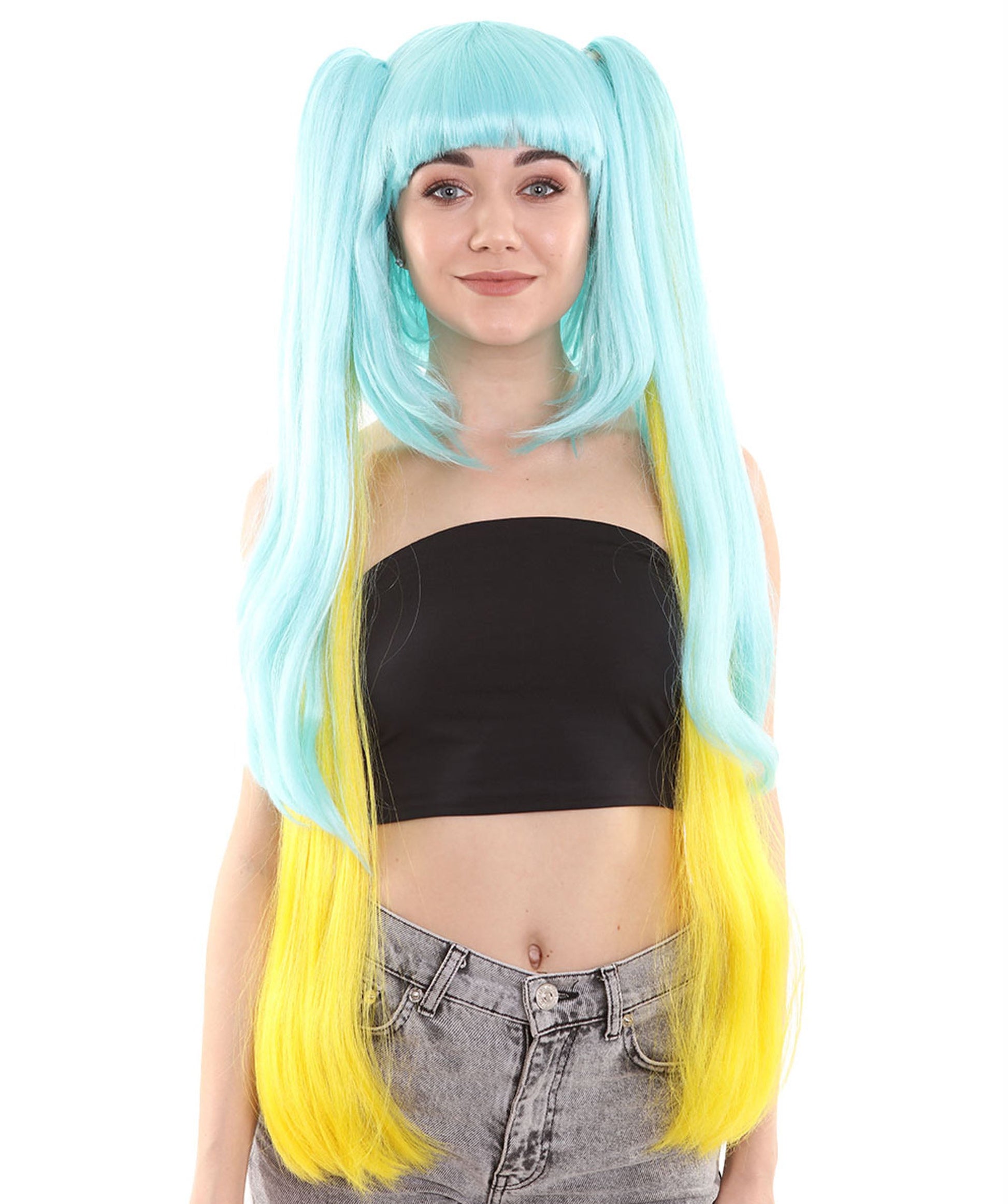 Blue and Yellow Pigtail Video Game Character Wig