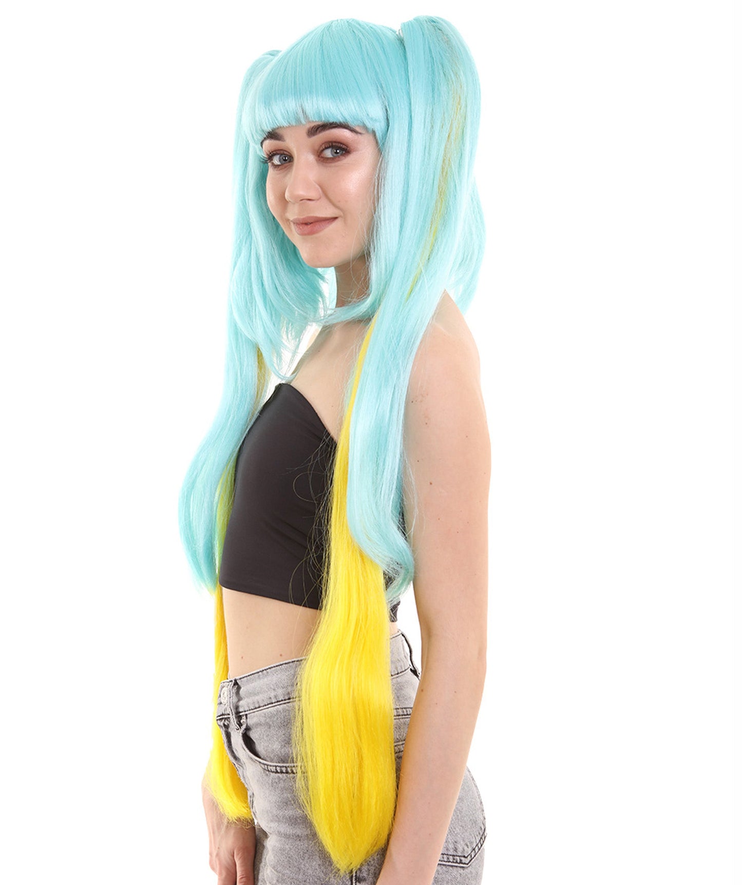 Blue and Yellow Pigtail Video Game Character Wig