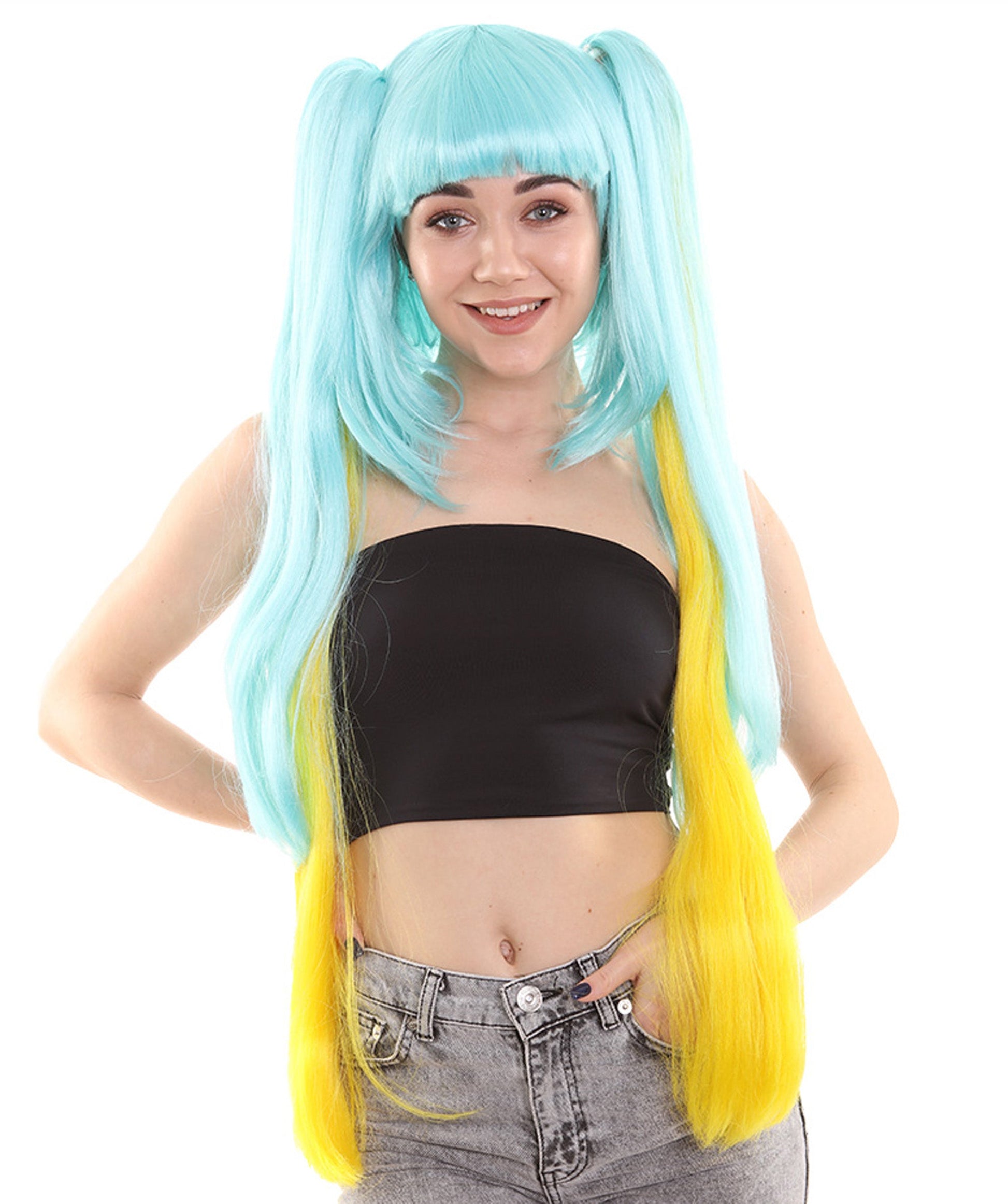 Blue and Yellow Pigtail Video Game Character Wig