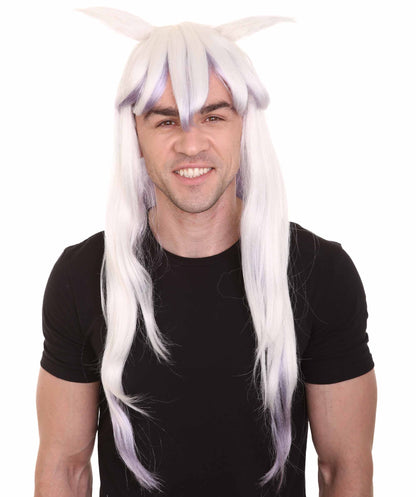 Long Straight Wig with Ears | White & Purple TV/Movie Wigs | Premium Breathable Capless Cap