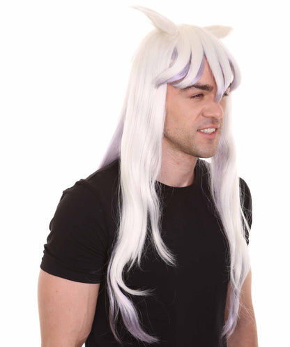 Long Straight Wig with Ears | White & Purple TV/Movie Wigs | Premium Breathable Capless Cap