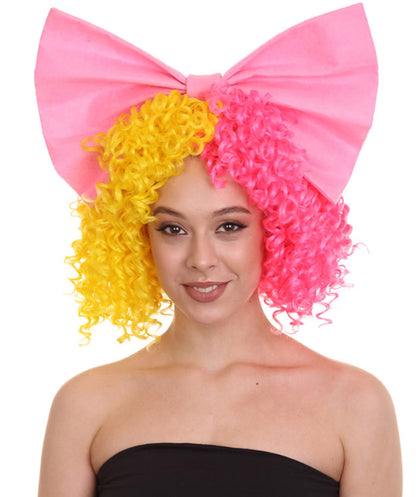 Australian Singer Curly Womens Wig with Pink Bow | Thursday Multi Color Celebrity Wigs | Premium Breathable Capless Cap