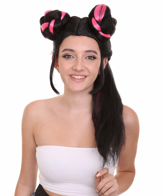 Black & Pink Singer Bun Wig