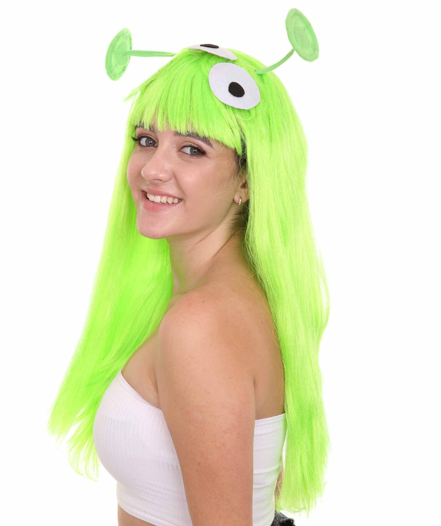 Womens Wig with 2 Antennaes , Green TV/Movie Wigs , Premium Breathable Capless Cap