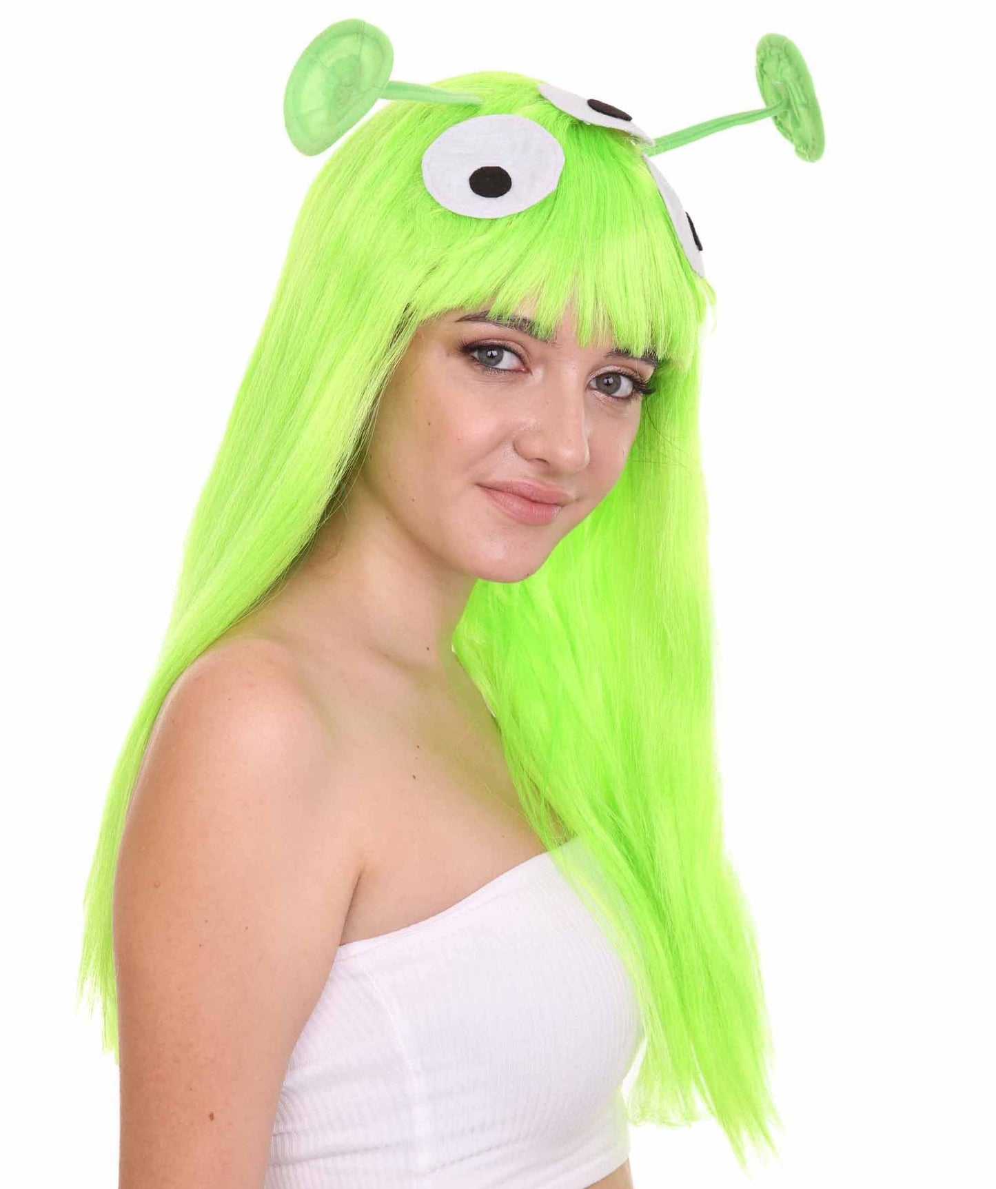 Womens Wig with 2 Antennaes , Green TV/Movie Wigs , Premium Breathable Capless Cap