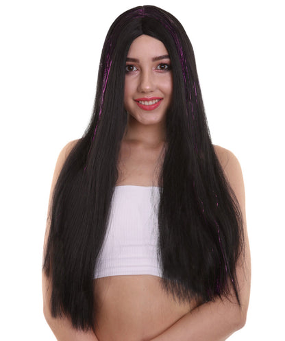 Womens Long Black Wig with Purple Tinsel Streaks | Halloween Rave Wig | Premium Breathable Capless Cap