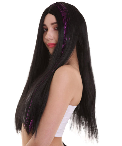 Womens Long Black Wig with Purple Tinsel Streaks | Halloween Rave Wig | Premium Breathable Capless Cap