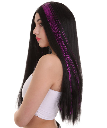 Womens Long Black Wig with Purple Tinsel Streaks | Halloween Rave Wig | Premium Breathable Capless Cap