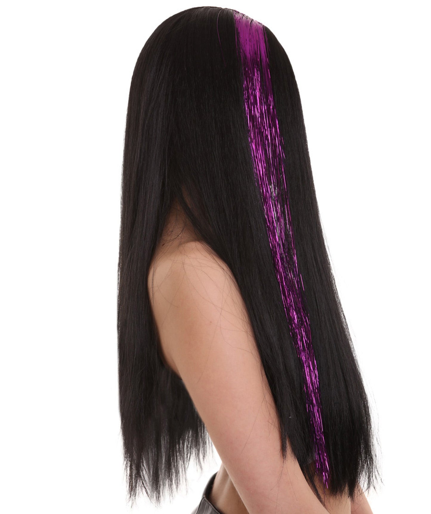 Womens Long Black Wig with Purple Tinsel Streaks | Halloween Rave Wig | Premium Breathable Capless Cap