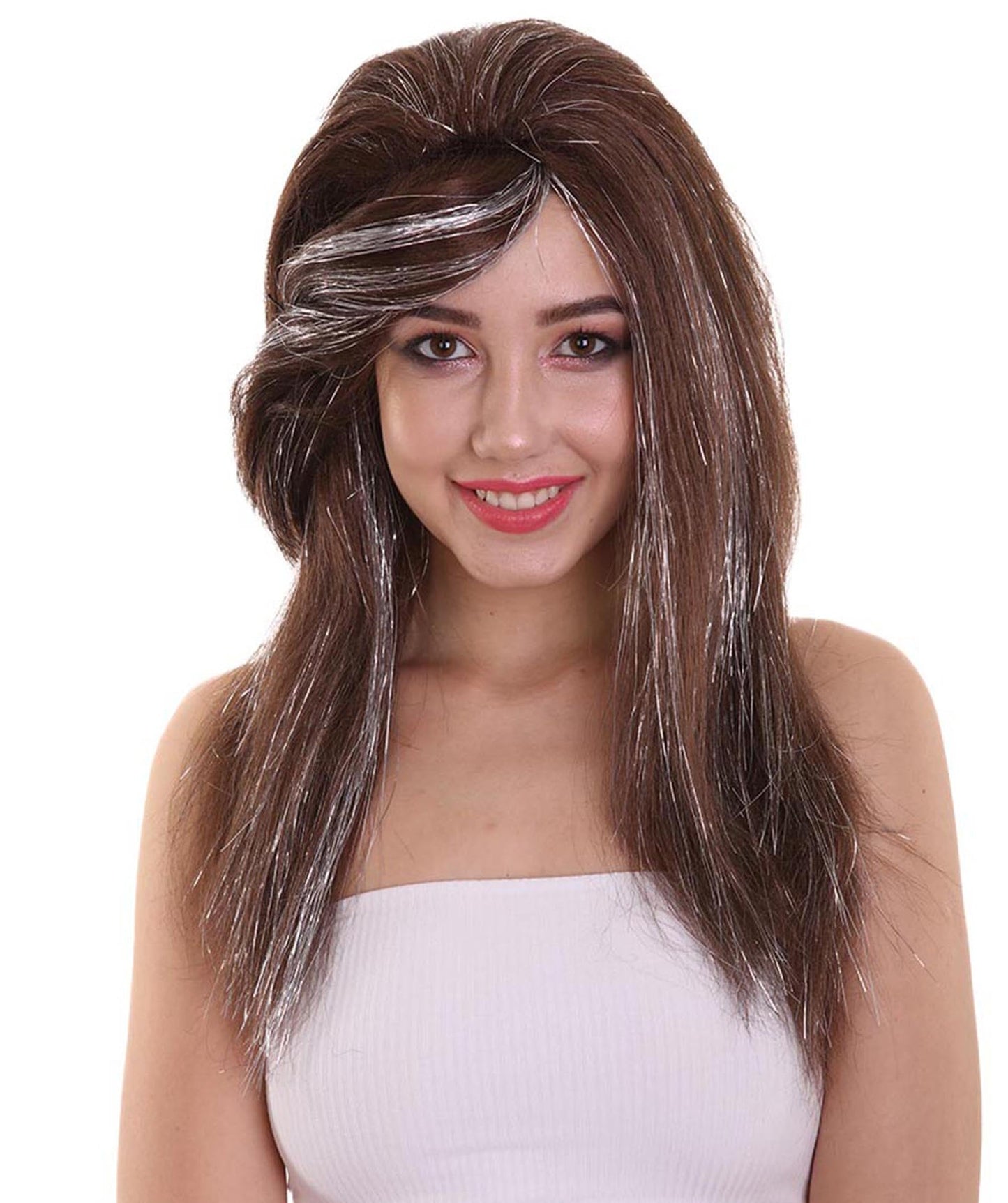 Women's 60's Brunette Bouffant with Silver Tinsel Highlights | Halloween Rave Wig | Premium Breathable Capless Cap