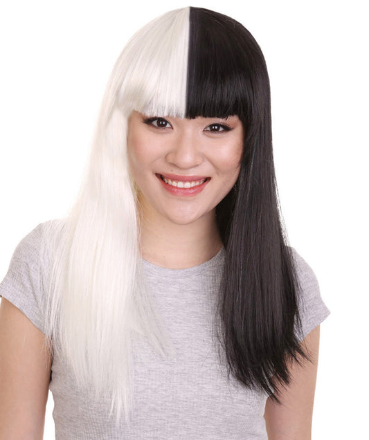 Black and White Long Womens Wig | Half And Half Fancy Halloween Wig | Premium Breathable Capless Cap