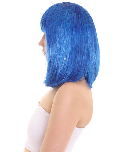 Bright Blue Bob with Blue Tinsel | Sparkly Celebrity Halloween Wig | Premium Capless Cap