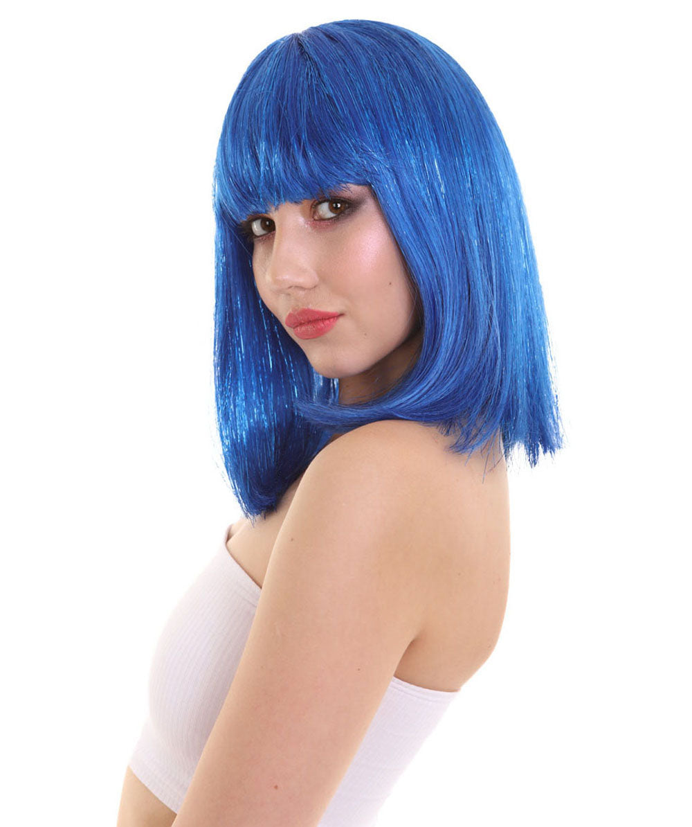 Bright Blue Bob with Blue Tinsel | Sparkly Celebrity Halloween Wig | Premium Capless Cap