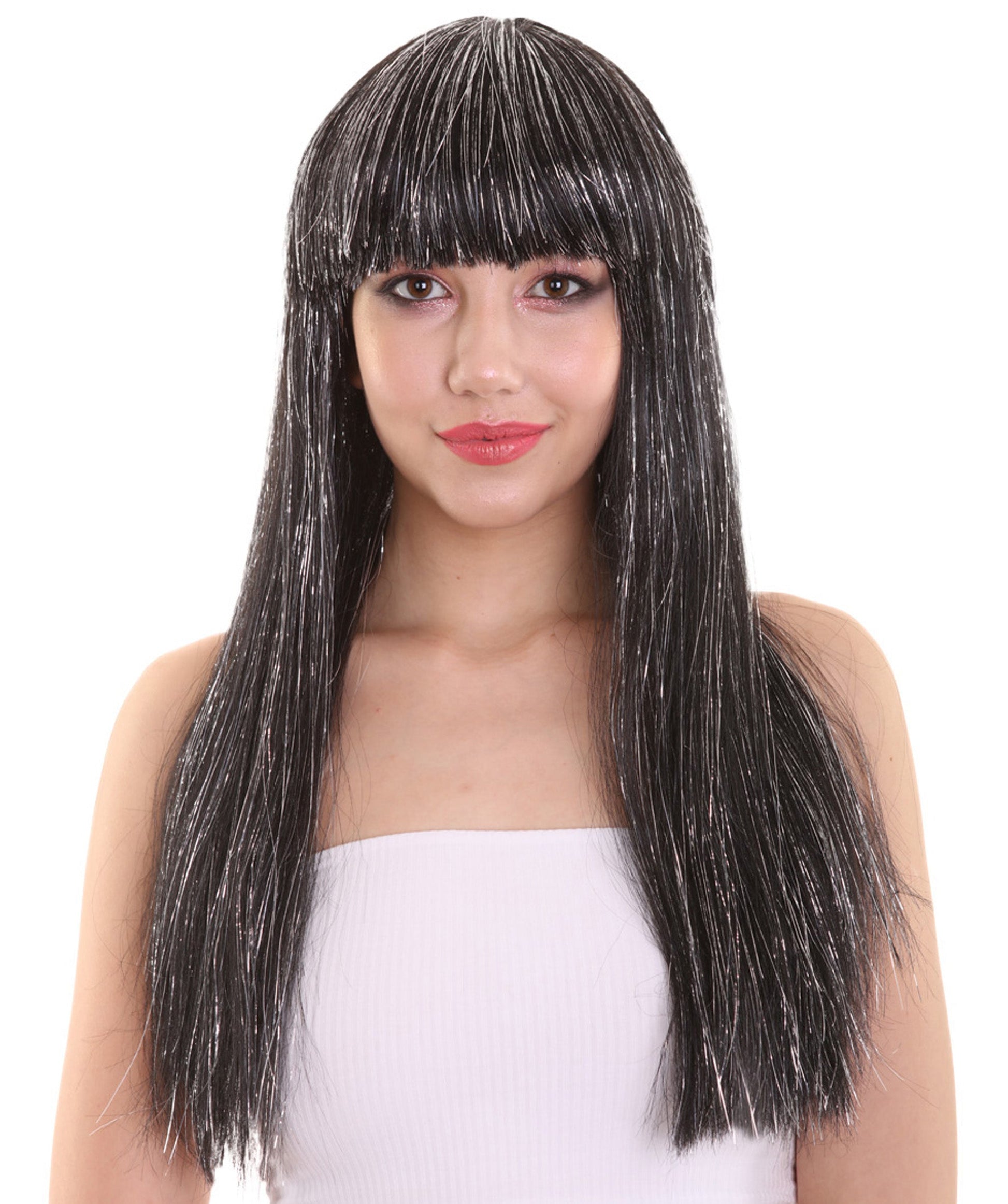 Long Baby Black Wig with Tinsel Highlights