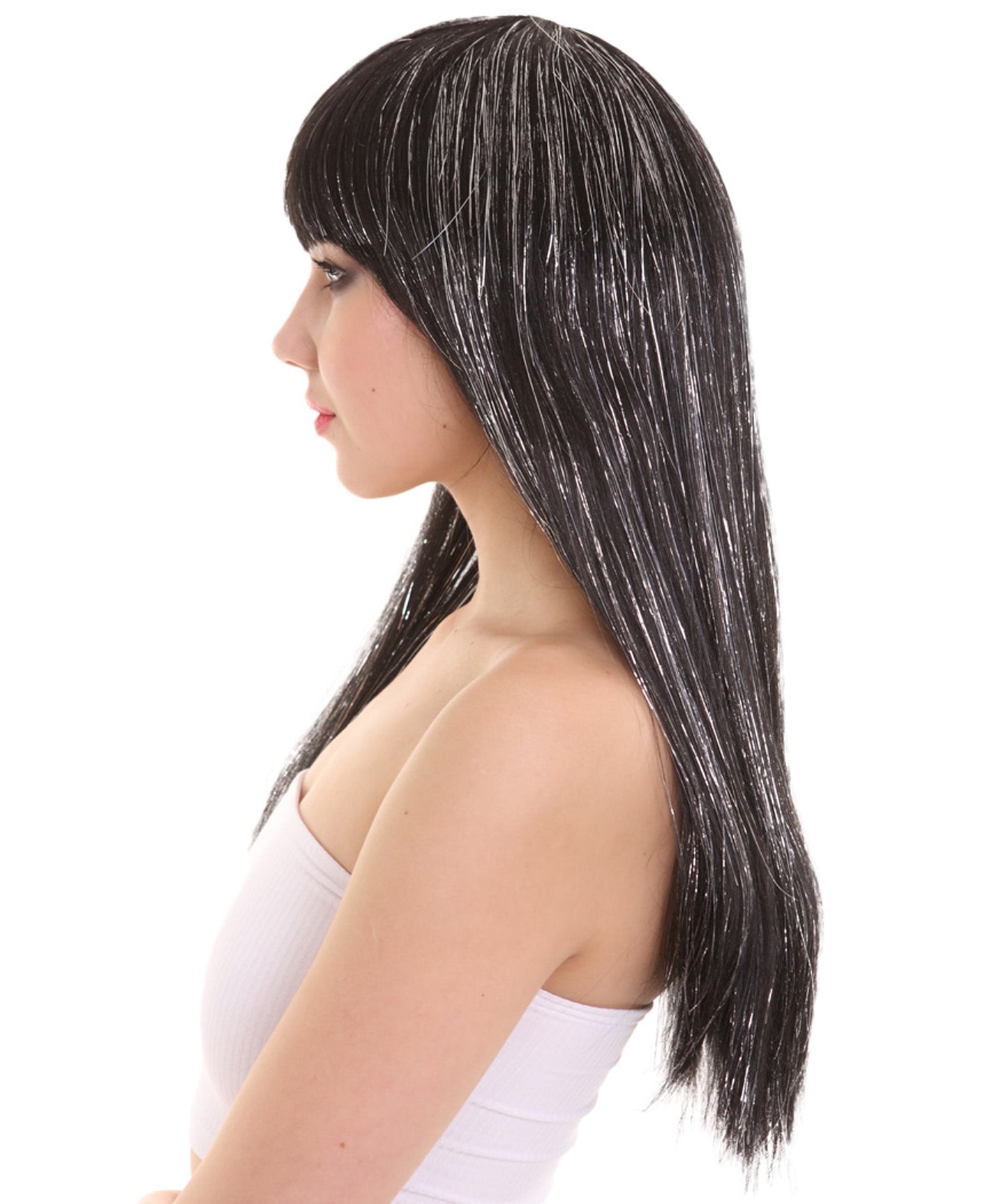 Long Baby Black Wig with Tinsel Highlights