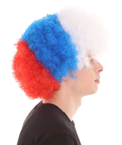 France Sport Afro Fun Wig | Red Blue White Afro Sports Wig