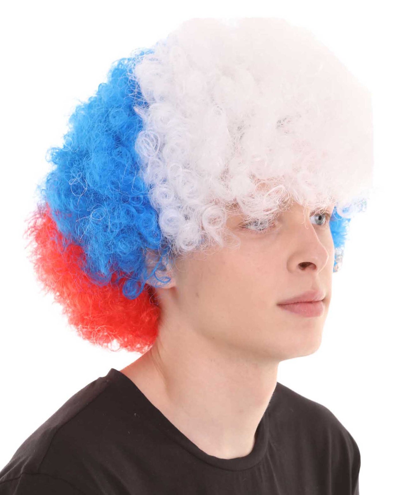 France Sport Afro Fun Wig | Red Blue White Afro Sports Wig