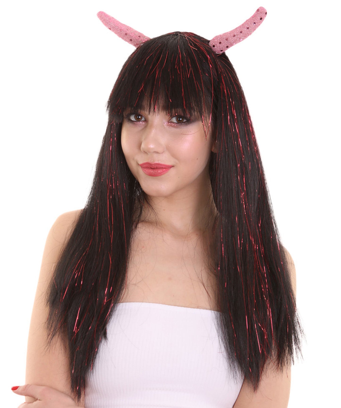 Long Red Tinsel Devil Rave Wig