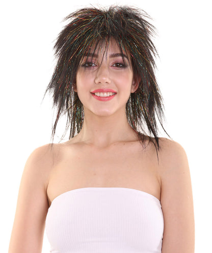 Womens Black Rave 80's Mullet with Gold Iridescent Tinsel Highlights | Halloween Rave Wig | Premium Breathable Capless Cap