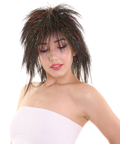 Womens Black Rave 80's Mullet with Gold Iridescent Tinsel Highlights | Halloween Rave Wig | Premium Breathable Capless Cap