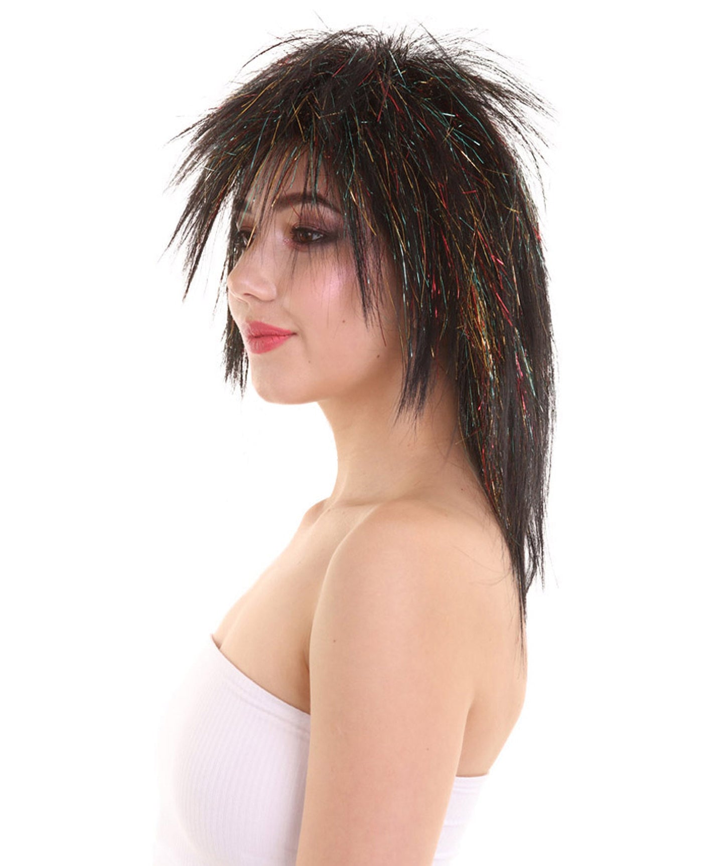 Womens Black Rave 80's Mullet with Gold Iridescent Tinsel Highlights | Halloween Rave Wig | Premium Breathable Capless Cap