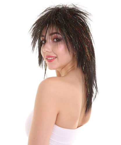 Womens Black Rave 80's Mullet with Gold Iridescent Tinsel Highlights | Halloween Rave Wig | Premium Breathable Capless Cap