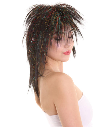 Womens Black Rave 80's Mullet with Gold Iridescent Tinsel Highlights | Halloween Rave Wig | Premium Breathable Capless Cap