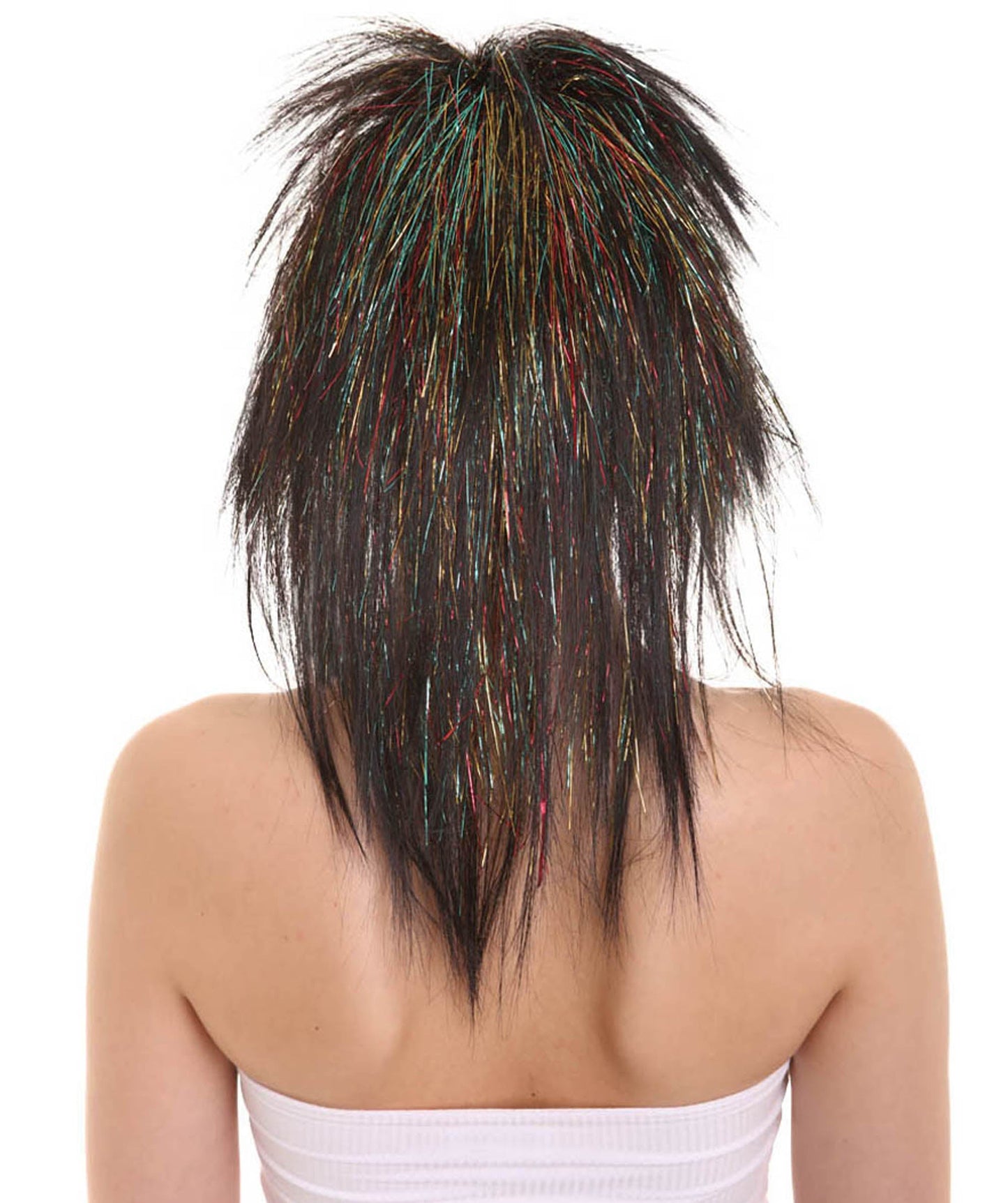 Womens Black Rave 80's Mullet with Gold Iridescent Tinsel Highlights | Halloween Rave Wig | Premium Breathable Capless Cap