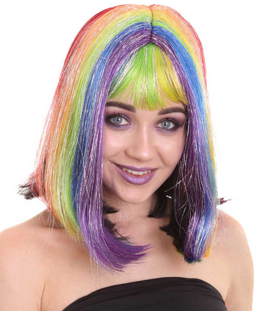 Women's Rainbow Tinsel Bob with Bangs | Rave Wig | Premium Breathable Capless Cap