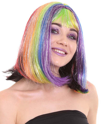 Women's Rainbow Tinsel Bob with Bangs | Rave Wig | Premium Breathable Capless Cap