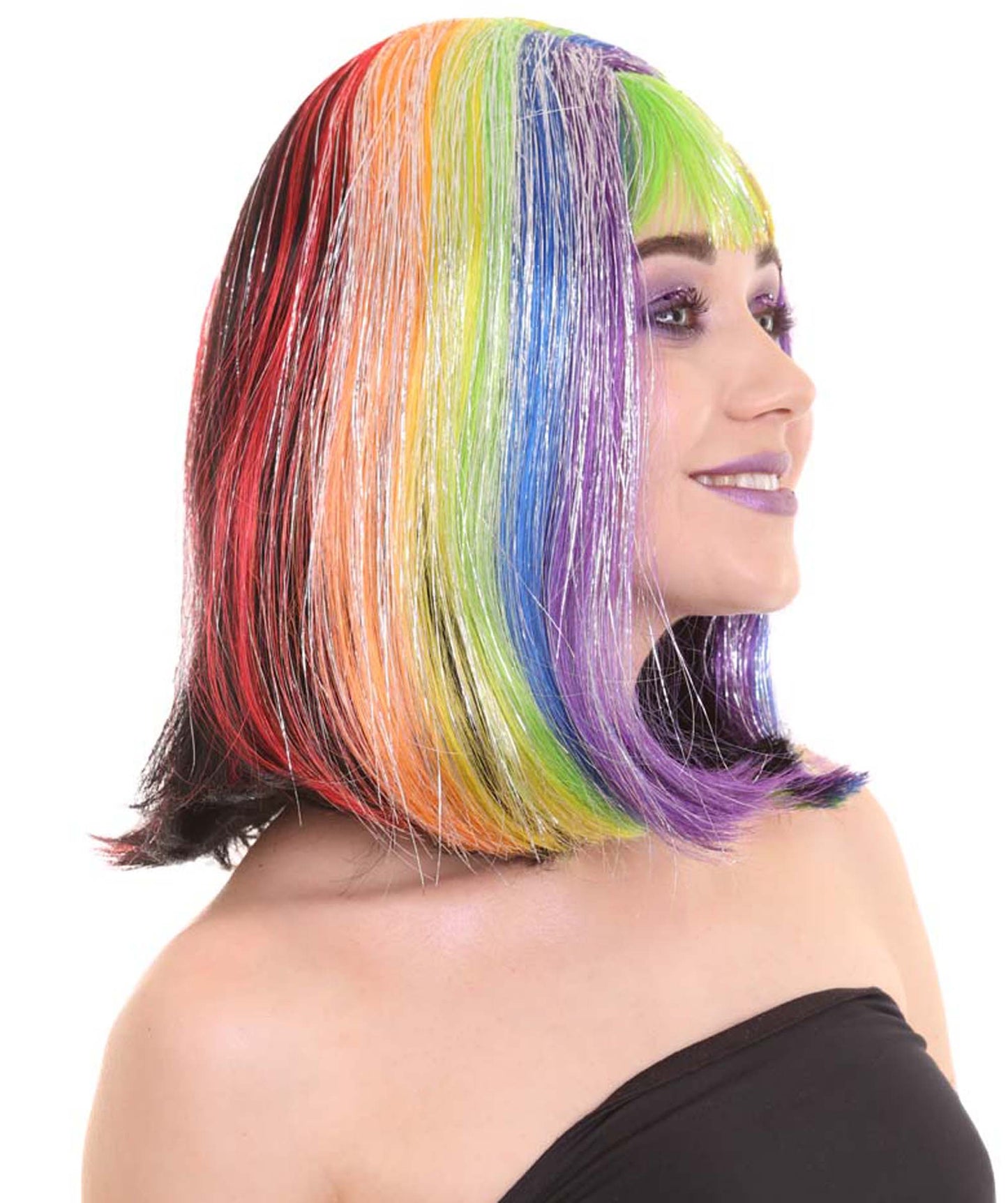 Women's Rainbow Tinsel Bob with Bangs | Rave Wig | Premium Breathable Capless Cap