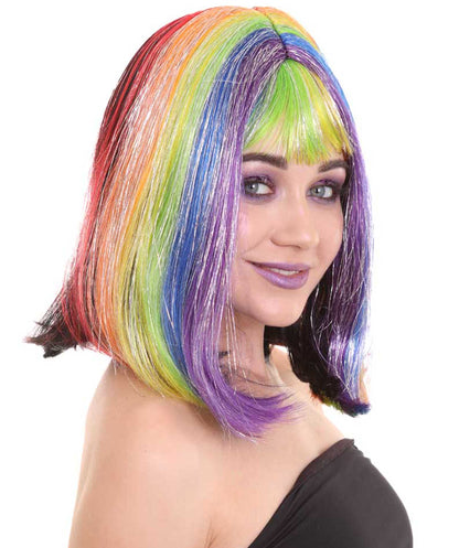 Women's Rainbow Tinsel Bob with Bangs | Rave Wig | Premium Breathable Capless Cap