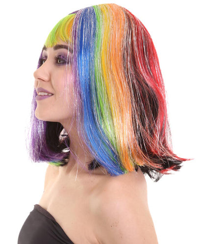 Women's Rainbow Tinsel Bob with Bangs | Rave Wig | Premium Breathable Capless Cap