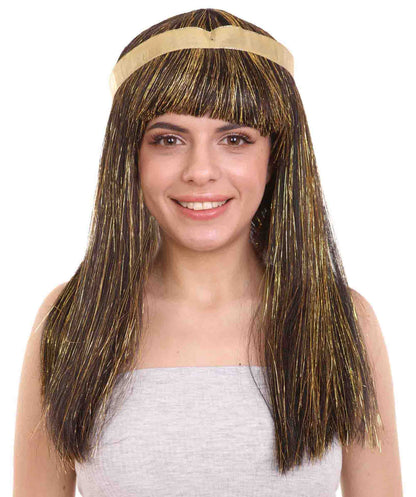 Women's Deluxe Egyptian Queen Wig , Gold Tinsel Character Fancy Halloween Wig , Premium Breathable Capless Cap