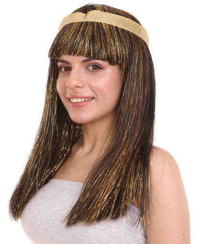 Women's Deluxe Egyptian Queen Wig , Gold Tinsel Character Fancy Halloween Wig , Premium Breathable Capless Cap