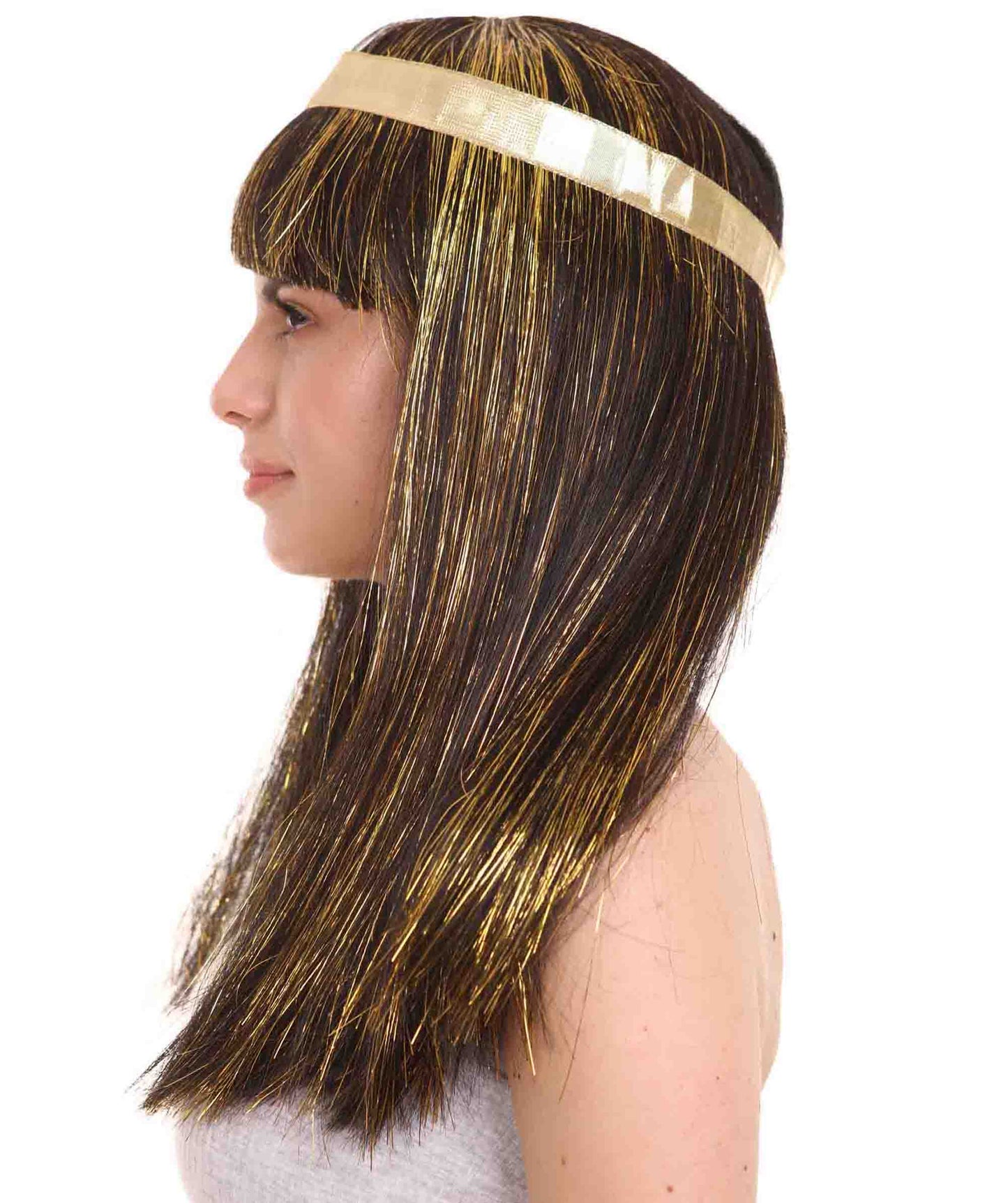 Women's Deluxe Egyptian Queen Wig , Gold Tinsel Character Fancy Halloween Wig , Premium Breathable Capless Cap