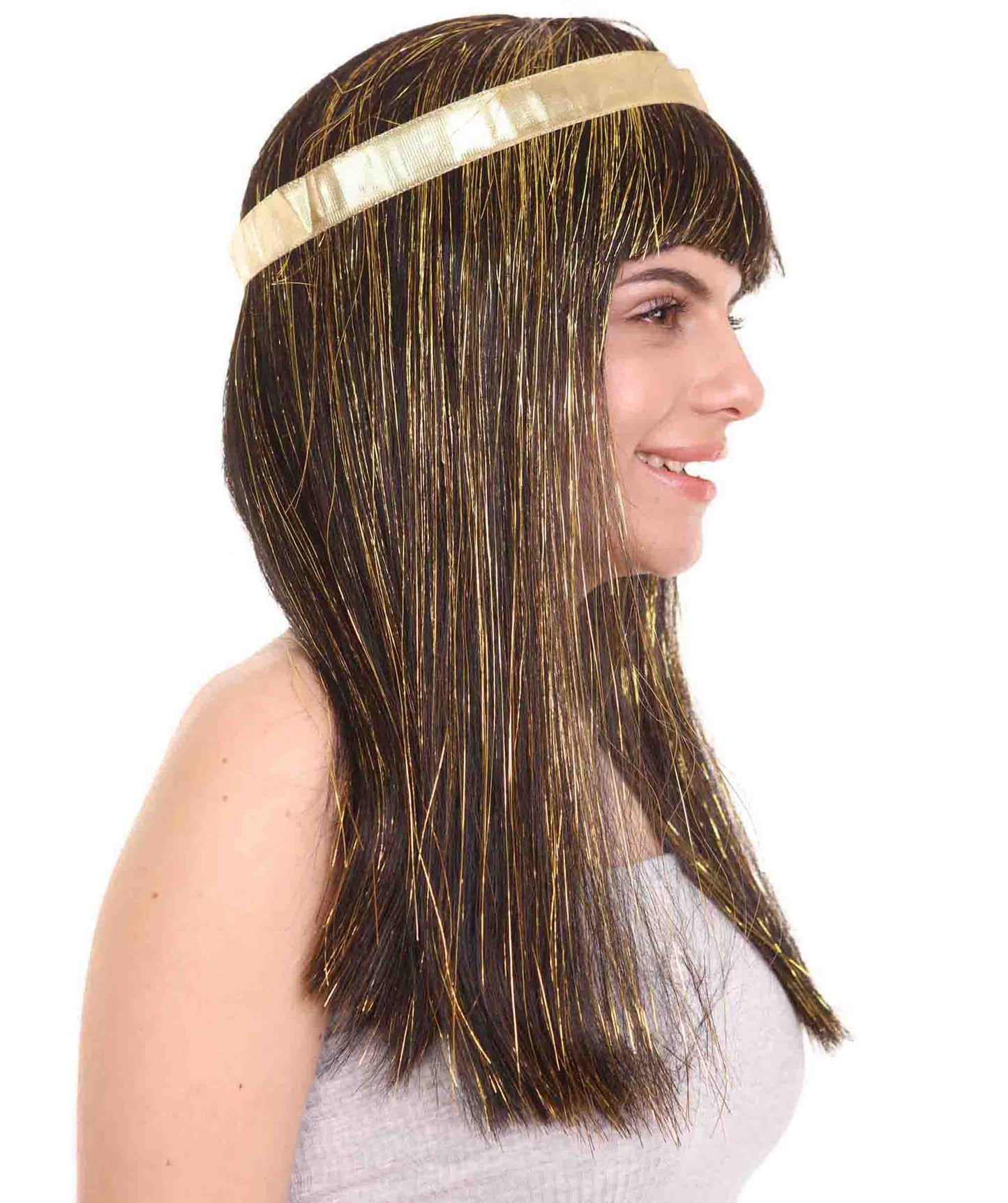 Women's Deluxe Egyptian Queen Wig , Gold Tinsel Character Fancy Halloween Wig , Premium Breathable Capless Cap