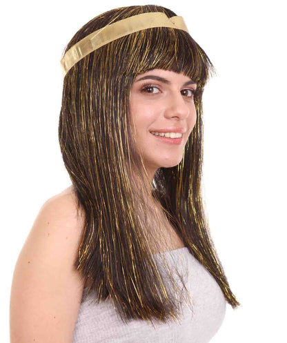 Women's Deluxe Egyptian Queen Wig , Gold Tinsel Character Fancy Halloween Wig , Premium Breathable Capless Cap