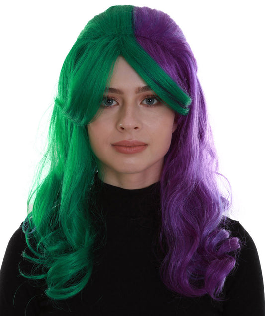 Women's Two Tone Green and Purple Color Wavy Medium Length Trendy Galactic Maiden Wig