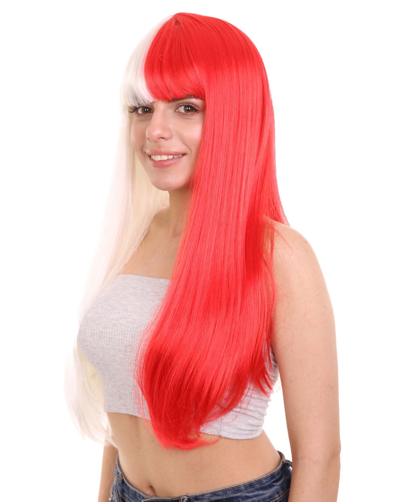 White & Red  Women's Two-Tone Long Straight Wig