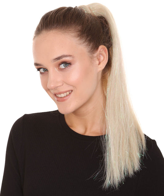 Nunique  Women's 16" In. High End Tinsel Ponytail - Shoulder Length Platinum Blonde and Rainbow Tinsel Hair | Pryzm