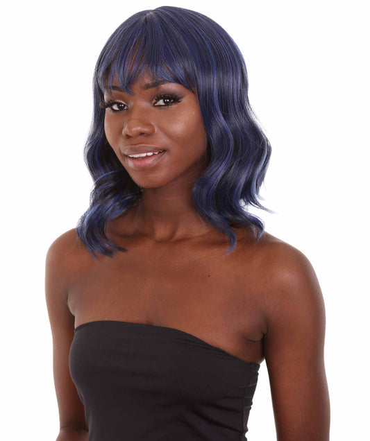 Dark Navy Women Shoulder Length Wavy Wigs
