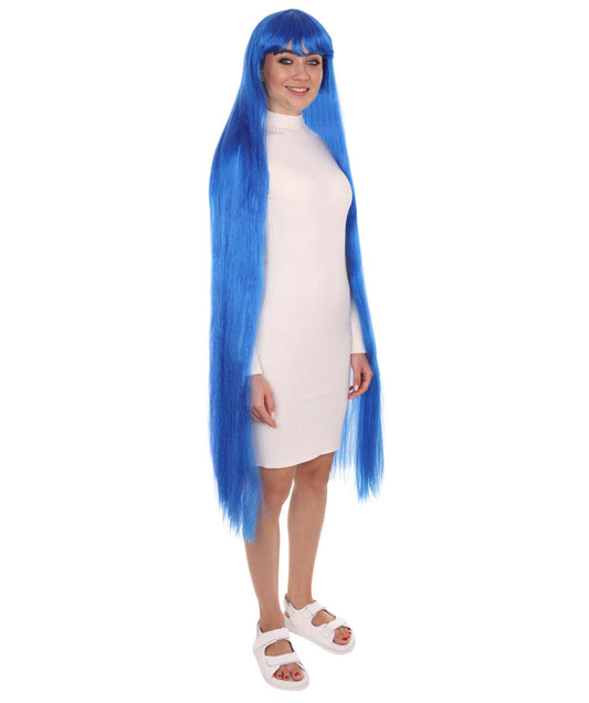 Blue 50" extra long womens wigs in ceruleon color from front