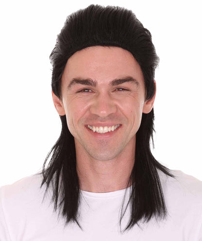 Black 80's  Mullet Men's Hair | Long Celebrity Halloween Wig | Premium Breathable Capless Cap