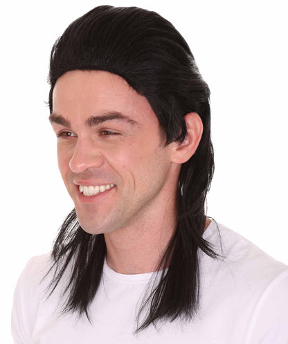 Black 80's  Mullet Men's Hair | Long Celebrity Halloween Wig | Premium Breathable Capless Cap